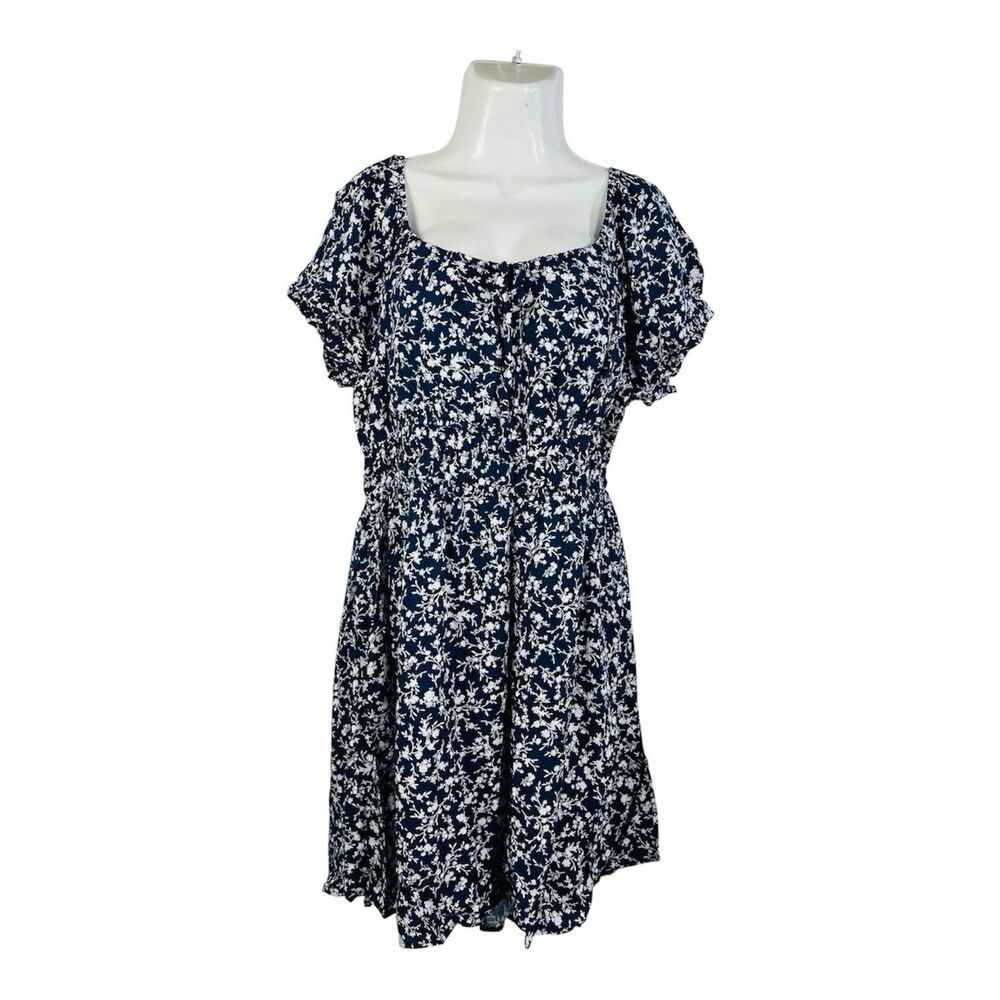 Passport Women 2X Sundress Navy White Floral Smocked Waist Puff Sleeve Boho